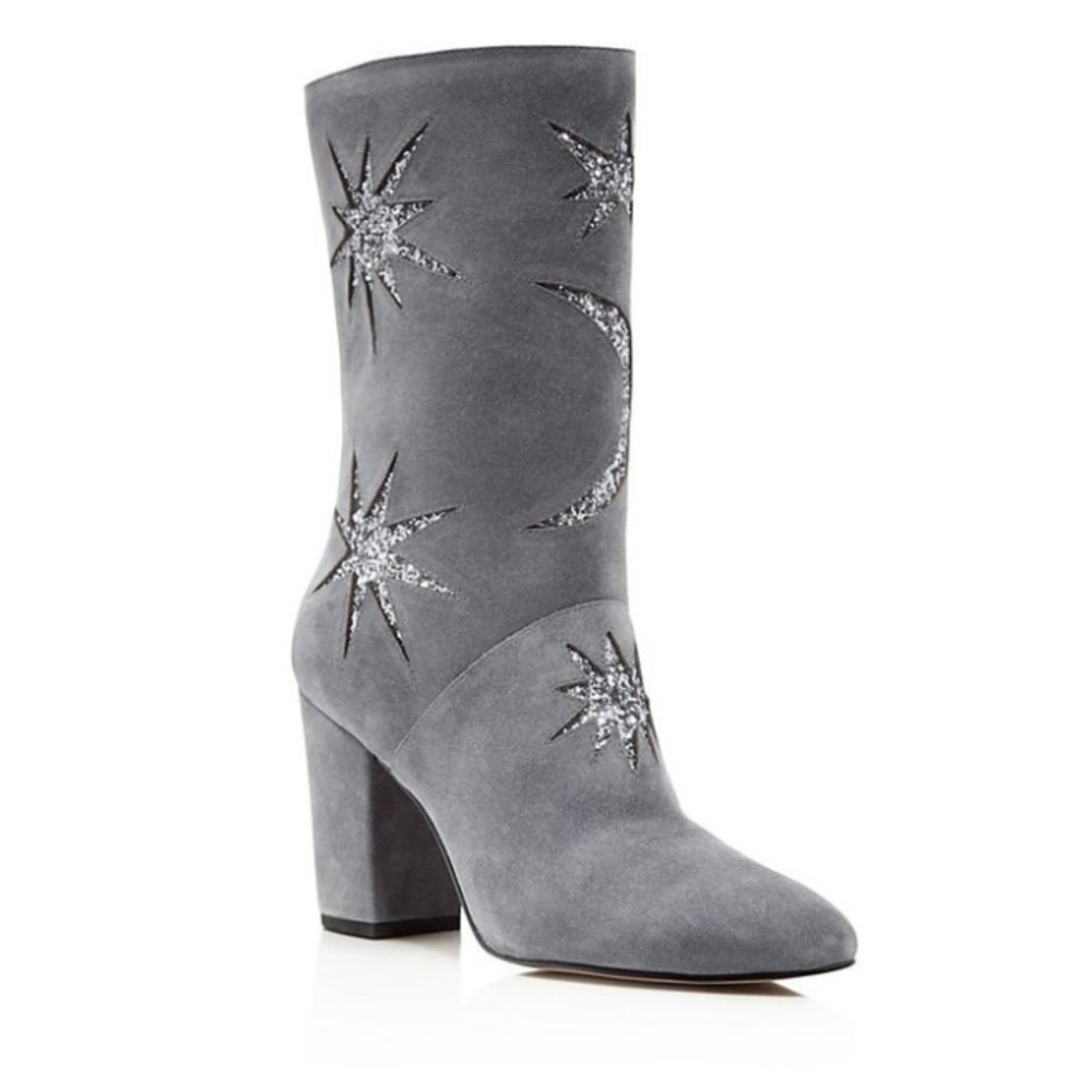 Avec Les Filles Nikita Gray Suede Glitter Star Moon Celestial Mid Calf Boots